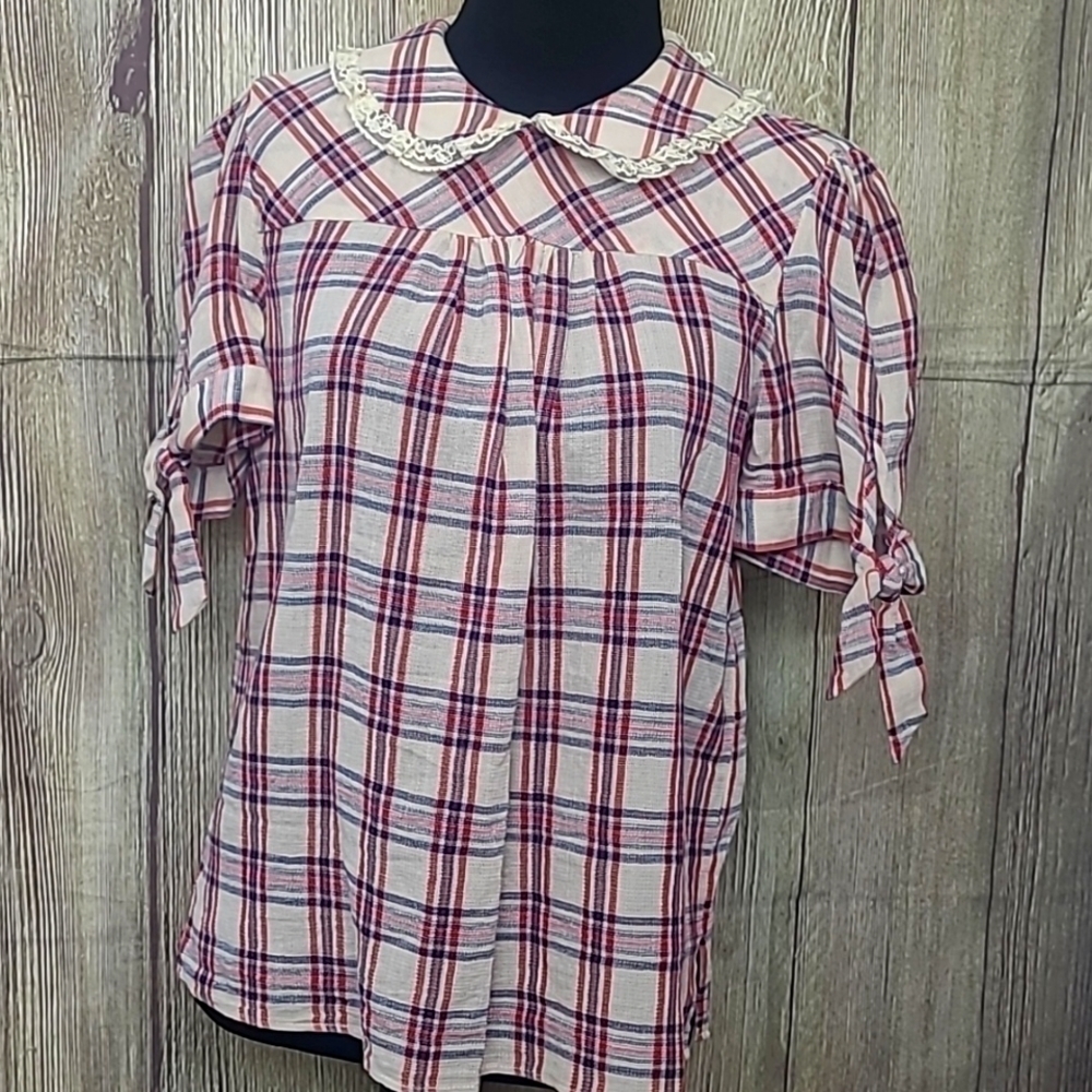 Zara Plaid Blouse Sz XS Red Cream